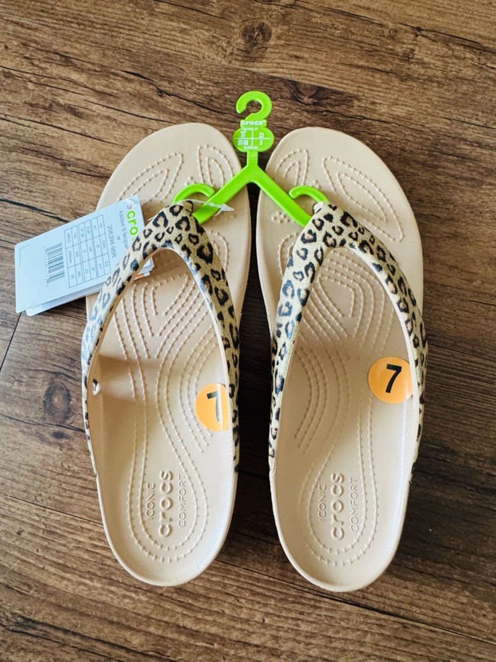 CROCS Women’s Leopard Strap Flip Flops - Beige and Leopard